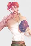  1boy collar_tug dress_shirt green_pants hand_fan jojo_no_kimyou_na_bouken kakyoin_noriaki kankito male_focus no_jacket pants paper_fan pink_hair purple_eyes red_hair shirt short_hair solo stardust_crusaders uchiwa 