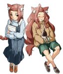  :3 alcohol animal_ear_fluff animal_ears bangs_pinned_back before_and_after blue_sweater blush book bottle braid breasts brown_hoodie cat_ears cat_girl cat_tail drinking drinking_straw drinking_straw_in_mouth drunk dual_persona fluffy_hair fluffy_tail green_shorts holding holding_book holding_bottle hood hoodie long_hair overall_skirt red_hair ribbed_sweater sakai_aruko shoes shorts single_braid small_breasts smile sneakers sweater tail topknot torako_(toramaru) very_long_hair yani_neko 