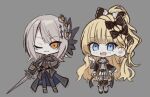  2girls black_choker black_coat black_dress blonde_hair blue_eyes bow braid chibi chibi_only choker coat commentary_request cross cross_earrings diamond_hair_ornament dress earrings epaulettes fishnet_sleeves fishnets frilled_dress frills grey_background hair_bow hair_ornament hairband hasumi_leia high_collar jewelry lolita_fashion lolita_hairband long_hair long_sleeves looking_at_viewer mahou_shoujo_no_majo_saiban medium_hair mole mole_under_eye multiple_girls open_mouth rune_(ru-nn) saeki_miria sash shoulder_sash simple_background smile yellow_eyes 