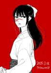  1girl bow burn_scar commentary_request dated greyscale_with_colored_background hair_bow half_updo hatching_(texture) highres iori_utahime japanese_clothes jujutsu_kaisen long_hair red_background scar scar_on_face scar_on_nose shimura_takako white_bow 