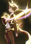  1girl absurdres ahoge animal_ears belt black_gloves black_hair black_jacket black_necktie black_pants blue_eyes breasts brown_belt center_frills center_opening closed_mouth collared_shirt eye_trail frilled_shirt frills fuji_kiseki_(shooting_star_revue)_(umamusume) fuji_kiseki_(umamusume) gloves highres horse_ears horse_girl jacket light_trail long_sleeves multicolored_hair necktie no_bra pants peemy shirt short_hair smile solo umamusume white_shirt 
