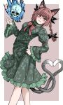  1girl absurdres animal_ears black_bow border bow bowtie breasts cat_ears cat_girl cat_tail commentary dress extra_ears fe_(tetsu) feet_out_of_frame frilled_dress frills green_dress hair_bow heart heart_hands heart_tail highres hitodama juliet_sleeves kaenbyou_rin leaning_forward long_sleeves looking_at_viewer medium_hair multiple_tails open_mouth pointy_ears puffy_sleeves red_bow red_bowtie red_eyes red_hair skull small_breasts solo tail touhou two_tails white_border 