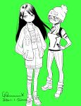  2girls amate_yuzuriha artist_name beanie commentary converse copyright_name dated full_body green_background gundam gundam_gquuuuuux hand_on_own_hip hands_in_pockets hat highres jacket long_hair mecha_pilot_suit midriff monochrome multiple_girls normal_suit_(gundam) nyaan_(gundam_gquuuuuux) shimura_takako short_hair simple_background skirt 
