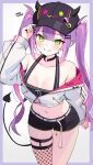  1girl :d absurdres adjusting_clothes adjusting_headwear barbell_piercing bare_shoulders baseball_cap belt bibi_(tokoyami_towa) black_choker black_hat black_shorts black_tank_top breasts center-flap_bangs choker cleavage colored_inner_hair commentary crop_top cropped_jacket demon_girl demon_tail double-parted_bangs ear_piercing fishnet_thighhighs fishnets gradient_hair green_eyes grin hair_ornament hairclip halterneck hat highres hololive horned_hat industrial_piercing jacket long_hair looking_at_viewer medium_breasts midriff multicolored_hair navel navel_piercing o-rindou5100 o-ring o-ring_choker off_shoulder parallel_hairclips piercing pink_hair pink_streaks pointy_ears purple_hair short_shorts shorts single_thighhigh smile solo spiked_ear_piercing streaked_hair tail tail_ornament tail_piercing tank_top thigh_strap thighhighs tokoyami_towa tokoyami_towa_(1st_costume) twintails virtual_youtuber white_belt white_jacket 