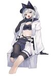  1girl absurdres animal_ears animal_hat arm_support asymmetrical_legwear black_gloves black_hat black_mask black_pantyhose black_shirt black_skirt blue_eyes cat_hat cleavage_cutout clothing_cutout commentary_request cropped_jacket cropped_shirt din_(flypaper) ear_piercing earrings elbow_gloves fake_animal_ears foxxiontech_(pso2) gloves hat highres hood hood_down jacket jewelry knees light_blush long_hair looking_at_viewer mask mask_pull midriff mouth_mask mouth_mask_under_chin navel open_mouth pantyhose phantasy_star phantasy_star_online_2 phantasy_star_online_2_new_genesis piercing ponytail shirt simple_background single_leg_pantyhose skirt solo stirrup_legwear toeless_legwear tongue tongue_out two-tone_skirt white_background white_hair white_jacket white_skirt 