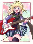  1girl :d assault_lily beamed_eighth_notes black_cape black_skirt black_thighhighs black_vest blonde_hair blush border cape collared_shirt colorful_background commentary cowboy_shot digamma eighth_note electric_guitar gradient_background green_background green_necktie grey_skirt guitar hair_ribbon hands_up highres holding holding_guitar holding_instrument instrument light_particles long_sleeves looking_at_viewer musical_note musical_staff necktie open_mouth outside_border pink_background purple_eyes red_background ribbon school_uniform shirt short_necktie skirt smile solo standing striped_clothes striped_skirt tejima_komachi thighhighs vertical-striped_clothes vertical-striped_skirt vest white_border white_shirt yellow_background yellow_ribbon zettai_ryouiki 