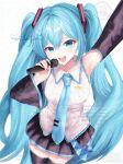  1girl adversarial_noise aqua_eyes arm_up artist_name blue_hair blue_necktie commentary cowboy_shot detached_sleeves english_commentary hatsune_miku highres holding holding_microphone looking_at_viewer microphone necktie open_mouth self-upload simple_background singing skellychan skirt solo twintails twitter_username vocaloid watermark white_background 