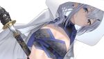  1girl black_gloves black_shirt blue_eyes breasts cleavage cloak cropped cropped_jacket cropped_shirt din_(flypaper) ear_piercing earrings foxxiontech_(pso2) gloves hair_between_eyes holding holding_sword holding_weapon hood hood_up horns jacket jewelry katana long_hair looking_at_viewer midriff open_clothes open_jacket phantasy_star phantasy_star_online_2 phantasy_star_online_2_new_genesis piercing scabbard shade sheath shirt solo sword triangle_print unsheathing weapon white_background white_cloak white_hair white_jacket 