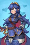  1girl alternate_breast_size_(larger) belt blue_background blue_bodysuit blue_cape blue_choker blue_eyes blue_gloves blue_hair blue_nails blue_thighhighs blush bodysuit brand_of_the_exalt breasts brown_belt cape choker closed_mouth commentary cowboy_shot fingerless_gloves fire_emblem fire_emblem_awakening gloves gold_tiara hair_between_eyes hand_on_own_hip heart heart_background highres holding holding_sword holding_weapon long_hair long_sleeves lucina_(fire_emblem) medium_breasts nail_polish red_cape saiykik sidelocks simple_background solo split_mouth standing sword thick_thighs thighhighs thighs tiara two-sided_cape two-sided_fabric very_long_hair weapon yellow_trim 