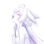  1girl ^_^ ahoge animal_ear_fluff animal_ears bare_arms bare_shoulders blunt_bangs blush breasts clenched_hand clenched_hands closed_eyes commentary_request double_bun ears_down fox_ears fox_girl from_side hair_bun hair_rings hand_on_own_chest hand_up happy highres korean_commentary leeleo_25 long_hair monochrome one-piece_swimsuit open_mouth profile purple_theme sidelocks simple_background singing sketch sleeveless small_breasts smile solo spot_color stellive swimsuit tenko_shibuki upper_body white_background yawning 