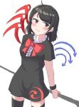  1girl ahoge asymmetrical_wings bad_id bad_twitter_id black_dress black_hair black_thighhighs blue_wings bow bowtie breasts closed_mouth cowboy_shot dress holding holding_polearm holding_weapon houjuu_nue looking_at_viewer medium_breasts medium_hair mismatched_wings missing_commentary pico_kimuchi polearm red_bow red_bowtie red_eyes red_wings short_dress simple_background smile solo thighhighs touhou two-tone_wings weapon white_background wings zettai_ryouiki 