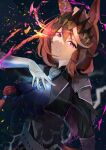  1girl absurdres animal_ears ascot black_coat blue_ascot brown_hair coat commentary_request crown eye_trail gloves grey_gloves hair_between_eyes highres horse_ears horse_girl light_trail long_hair long_sleeves looking_at_viewer mirumiru_sennin multicolored_hair official_alternate_costume parted_lips purple_eyes smile streaked_hair symboli_rudolf_(adamant_sovereign)_(umamusume) symboli_rudolf_(umamusume) umamusume white_hair 