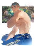  1boy abs bara biceps blue_pants broad_shoulders brown_eyes buzz_cut check_copyright commentary_request copyright_request dated earrings eyebrow_cut eyewear_on_head from_side highres jewelry jujumaho_(nanigaxila) large_pectorals looking_to_the_side male_focus muscular muscular_arms muscular_male navel nipples original pants pectorals short_hair signature single_earring smirk solo summer sunglasses topless_male track_pants triceps veins veiny_arms very_short_hair wide_back 