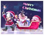 2girls ^_^ adeleine animal_ears antlers arm_up bell belt belt_buckle black_belt black_hair black_pantyhose blue_bow border bow brooch brown_mittens brown_shoes buckle capelet christmas closed_eyes commentary_request deer_ears dress eighth_note fairy fake_animal_ears fake_facial_hair fake_mustache frilled_hairband frills from_side fur-trimmed_capelet fur-trimmed_dress fur-trimmed_headwear fur_trim glint green_leg_warmers hairband hat holding holding_bell holding_paintbrush horns jewelry kirby kirby_(series) kirby_64 leg_warmers looking_at_viewer looking_to_the_side merry_christmas mittens multiple_girls musical_note one_eye_closed open_mouth paintbrush pantyhose pink_hair purple_hair rasu_(pixiv9799832) red_capelet red_dress red_hairband red_hat reindeer_antlers ribbon_(kirby) sack santa_costume santa_dress santa_hat shoes short_hair sleigh smile snow sparkle standing star_(sky) walking white_border white_dress 