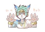  anthro blue_body blue_fur blue_hair blush bodily_fluids bracelet brown_eyes canid canine canis fur hair headgear inner_ear_fluff japanese_text jewelry koei_tecmo looking_at_viewer male mammal necklace paws saikin_san setsuna_(warrior_stars) simple_background solo sweat text translation_request tuft warriors_(game_series) warriors_all-stars wolf 