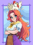  1girl absurdres animal_on_head belt bird blue_background blue_eyes border bowser breasts brown_belt character_brooch chicken closed_mouth commentary cowboy_shot crossed_arms cucco highres long_hair malon mario_(series) medium_breasts neckerchief on_head orange_hair outside_border pointy_ears purple_border purple_skirt shirt simple_background skirt smile sombrero_tiger the_legend_of_zelda the_legend_of_zelda:_ocarina_of_time triforce white_shirt yellow_neckerchief 