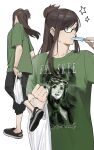  1girl ace_attorney alternate_costume bag black_eyes black_pants black_shoes brown_hair character_name character_print clothes_writing eating ema_skye food food_in_mouth glasses green_shirt highres holding holding_bag holding_food holding_popsicle leg_up long_hair looking_to_the_side multiple_views nyak_il pants popsicle popsicle_in_mouth print_shirt self_character_print shirt shoes short_hair star_(symbol) white_background white_bag 