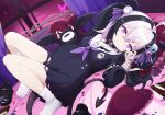  1girl absurdres ahoge bandaged_arm bandages bat_wings big_belly black_choker black_dress black_hair blood blood_on_bandages chinese_commentary choker commentary_request demon_tail dress eyeball_hair_ornament full_body hair_between_eyes hair_ornament hair_ribbon hatsuse_(virtuareal) head_wings highres holding_eyepatch indoors large_variant_set long_sleeves looking_at_viewer multicolored_hair neckerchief nijisanji on_bed pregnant purple_eyes purple_neckerchief purple_ribbon ribbon sailor_collar sailor_dress shoes socks solo streaked_hair tail torn_clothes torn_dress unworn_shoes variant_set virtual_youtuber virtuareal white_hair white_sailor_collar white_socks wings ycyc 