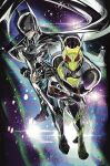  2boys antennae armor bat_mask batman batman_(series) batman_symbol belt black_cape black_gloves bodysuit bug cape commentary_request compound_eyes crossover dc_comics gloves grasshopper grey_bodysuit helmet hiden_zero-one_driver highres kamen_rider kamen_rider_01_(series) kamen_rider_zero-one looking_at_viewer male_focus mask multiple_boys muscular official_art power_armor red_eyes rider_belt superhero_costume tokusatsu utility_belt 