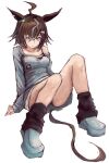  1girl animal_ears baggy_clothes black_socks black_tank_top blue_eyes breasts brown_hair closed_mouth commentary_request dress full_body grey_dress grey_streaks hair_ornament hair_over_one_eye horse_ears horse_girl horse_tail long_sleeves loose_socks medium_breasts multicolored_hair rulership_(casual)_(umamusume) rulership_(umamusume) shoes short_hair simple_background single_bare_shoulder sitting socks solo streaked_hair tail tank_top torn_clothes torn_dress umamusume white_background yanagi_wakana 