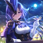  1girl alcohol ascot black_corset breasts clorinde_(genshin_impact) cloud cocktail_glass commentary_request corset cup drinking_glass epaulettes flower fold-over_gloves framed_breasts genshin_impact gloves hair_between_eyes hat hat_feather large_breasts long_hair_between_eyes looking_at_viewer moon outdoors purple_ascot purple_eyes shirt sky smile solo taut_clothes taut_shirt tricorne wakame1441 
