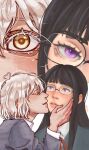  2girls ahoge artist_collaboration artist_request black_hair blush cang_shu closed_eyes colored_eyelashes english_commentary glasses hand_on_another's_cheek hand_on_another's_face highres ibispaint_(medium) kiss kissing_cheek kreepypatra long_hair multiple_girls parted_lips pink_lips purple_eyes qi_lin she_is_also_cute_today short_hair straight_hair white_eyelashes white_hair yellow_eyes yuri 