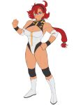  1girl abs absurdres adapted_costume ahoge aqua_eyes breasts commentary dark-skinned_female dark_skin english_commentary flat_color full_body gundam gundam_suisei_no_majo hairband hand_on_own_hip highres large_breasts long_hair looking_at_viewer muscular muscular_female red_hair simple_background solo standing suletta_mercury whitecawfeee wrestling_outfit 