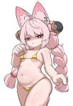  1girl absurdres ahoge animal_ear_fluff animal_ear_piercing animal_ears bare_shoulders belly bikini braid braided_twintails bright_pupils clothes_pull collarbone commentary_request furry furry_female gold_bikini hair_ornament highres long_hair looking_at_viewer navel open_mouth pink_fur pink_hair rabbit_ears rabbit_girl red_eyes shaded_face shiny_swimsuit short_eyebrows simple_background solo sphere_hair_ornament stomach swimsuit thick_eyebrows thighs twin_braids white_background white_pupils yomocha_skebmu_ji_zhong zenless_zone_zero zhao_(zenless_zone_zero) 