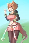  1girl ahoge animal_ears black_leggings black_shrug blush breasts brown_eyes brown_hair checkered_ribbon commentary dantsu_flame_(center_spotlight)_(umamusume) dantsu_flame_(umamusume) ear_covers ear_ribbon hair_between_eyes hairband highres horse_ears horse_girl horse_tail large_breasts leggings leggings_under_shorts midriff mmntmr_x multicolored_hair navel open_mouth pink_hairband pink_shorts shirt shorts shrug_(clothing) smile solo tail tied_shirt umamusume white_hair 