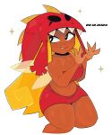  1girl 2023 black_eyes blonde_hair breasts cleavage commentary dark-skinned_female dark_skin dated edith_up_(rayman) english_commentary fairy fairy_wings highres large_breasts long_hair looking_back mendo's_art miniskirt navel nymph rayman_(series) rayman_origins red_skirt red_tube_top skirt smile solo strapless tan thick_thighs thighs toned toned_female toon_(style) tube_top ubisoft very_long_hair white_background wide_hips wings 