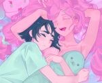  2girls alien_stage armpits black_hair bob_cut closed_eyes drooling hair_between_eyes hair_ornament hairclip highres hug long_hair mizi_(alien_stage) multiple_girls open_mouth pink_hair pokki_(puritill) short_hair short_sleeves sleeping smile stuffed_seal sua_(alien_stage) thick_eyebrows yuri 