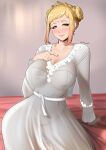  1girl alternate_costume bed_sheet blonde_hair blush bra breasts cleavage closed_mouth collarbone commentary double_bun english_commentary fire_emblem fire_emblem_heroes gradient_hair green_eyes hair_bun hand_on_own_chest henriette_(fire_emblem) highres indoors jewelry large_breasts lingerie lips long_sleeves looking_at_viewer multicolored_hair on_bed panties pink_hair pink_lips ring see-through sidelocks signature sitting sitting_on_bed smile solo tiara tsunsune two-tone_hair underwear white_bra white_panties 