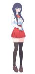  1girl black_hair black_thighhighs blue_eyes blush bow bowtie braid braided_twintails breasts brown_shoes cellphone collared_shirt commentary_request full_body hair_over_shoulder highres holding holding_phone impossible_clothes impossible_shirt korean_commentary large_breasts long_hair long_sleeves miniskirt open_mouth parangmuru phone pigeon-toed pleated_skirt red_bow red_bowtie red_skirt school_uniform shirayuki_hina shirt shoes simple_background skirt smartphone solo stellive suspender_skirt suspenders thighhighs virtual_youtuber white_shirt zettai_ryouiki 