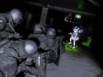  1boy 6+others absurdres anger_vein balaclava ballistic_shield black_coat black_pants blue_dress blue_hair blue_shorts chameleon_(meccha_chameleon) coat commentary_request dress exit_sign face_shield from_behind gun h&amp;k_mp5 h&amp;k_ump highres holding holding_staff holding_weapon indoors ishida_(segu_ishida) laser_sight looking_at_viewer mage_staff magical_boy meccha_chameleon multiple_others original paint_splatter pants rifle s.w.a.t. security_camera shield shoes shorts shorts_under_skirt staff submachine_gun tactical_clothes weapon white_shoes 