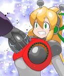  1girl :d aged_up android antennae armor arms_up blonde_hair bodysuit breast_missiles breastplate breasts buta_otoko clenched_hands clenched_teeth commentary_request double-parted_bangs earphones electricity eyes_visible_through_hair full_body gorget grabbing_another's_breast gradient_background green_eyes green_ribbon grey_bodysuit groping hair_between_eyes hair_ribbon hairband headphones high_ponytail highres hyper_roll_(marvel_vs._capcom) joints large_breasts large_variant_set long_hair looking_at_viewer marvel_vs._capcom marvel_vs._capcom_2 mechanical_arms mega_man_(classic) mega_man_(series) metal_gloves navel open_mouth ponytail radio_antenna raised_eyebrows red_armor ribbon robot robot_girl robot_joints roll_(mega_man) shoulder_armor sidelocks simple_background smile solo standing tears teeth upper_body variant_set 