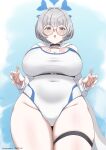  1girl absurdres blue_archive blush breasts cetacean_tail cleavage commentary_request fins fish_tail glasses halo headphones highres hooded_shrug kenja_panda kotone_(blue_archive) large_breasts long_sleeves looking_at_viewer one-piece_swimsuit open_mouth round_eyewear short_hair shrug_(clothing) solo swimsuit tail thighs white_one-piece_swimsuit white_shrug 