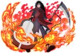  1boy armor black_gloves black_hair black_pants black_shirt breastplate dual_wielding fire gloves gunbai hand_fan holding holding_scythe japanese_armor kusazuri long_hair looking_at_viewer mangekyou_sharingan naruto_(series) naruto_shippuuden:_ultimate_ninja_blazing official_art open_mouth pants red_armor red_eyes sandals scythe sharingan shirt shoulder_armor sode solo teeth uchiha_madara war_fan 