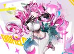 1girl :q ;q absurdres arknights arknights:_endfield black_horns blue_eyes breasts cellphone commentary crop_top detached_sleeves dragon_girl dragon_horns dragon_tail english_commentary flip_phone gloves hair_intakes highres holding holding_phone horns large_breasts long_hair multicolored_gloves multicolored_hair multicolored_horns navel one_eye_closed pants phone pink_gloves pink_hair pink_horns pink_sleeves pointy_ears seri_(serqxca) solo streaked_hair tail tongue tongue_out two-sided_gloves two-tone_gloves two-tone_horns white_pants yvonne_(arknights) 
