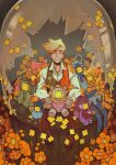  1boy 7_colored_flowers_(deltarune) amputee aqua_(deltarune) asgore_dreemurr blonde_hair blue_(deltarune) bonny_apetite broken_glass closed_eyes collared_shirt commentary deltarune double_amputee english_commentary flower flowery_(deltarune) glass green_(deltarune) green_vest highres holding holding_stuffed_toy looking_at_viewer mad_mew_mew male_focus multicolored_vest orange_(deltarune) orange_vest pants seth_(deltarune) shirt short_hair sitting smile sticky_note stuffed_toy two-tone_vest utdr_(toby_fox) vest white_shirt yellow_(deltarune) 