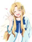  1girl :d ahoge bird_girl bird_wings blonde_hair blue_bow blue_bowtie blue_dress bow bowtie child closed_eyes collarbone commentary_request curtained_hair dress facing_viewer feathered_wings filo_(tate_no_yuusha_no_nariagari) frilled_sleeves frills hair_ornament hairclip hand_up heart highres long_hair long_sidelocks neko0w0mimi open_mouth sidelocks signature simple_background smile solo straight_hair tate_no_yuusha_no_nariagari teeth two-tone_dress upper_teeth_only waving white_background white_dress white_wings wing_hair_ornament wings 