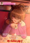  1girl agnes_tachyon_(umamusume) ahoge ajet1123 blush brown_hair cafe character_name coffee commentary cup dating english_commentary granulated_sugar head_rest highres indoors looking_at_viewer off-shoulder_shirt off_shoulder pov purple_shirt red_eyes shirt sitting smile solo too_much_sugar umamusume user_interface 