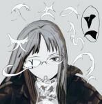  ._sa_(yongjeonsa) 1girl bad_id bad_twitter_id brown_eyes brown_jacket drink_pouch drinking expressionless glasses greyscale half-closed_eye highres jacket long_hair looking_at_viewer monochrome mouth_hold opaque_glasses original partially_opaque_glasses portrait simple_background solo spot_color 