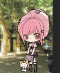  1girl ^_^ ahoge animal art_program_in_frame art_program_request bag belt black_belt black_boots black_skirt black_socks black_vest boots bow brown_eyes building buttons cat chibi chinese_commentary cloak close-up closed_eyes closed_mouth clothed_animal collared_shirt commentary_request day dog_hair_ornament dot_nose ear_covers eating floof_(infinity_nikki) food frilled_shirt frilled_skirt frills grey_bag gyaru hair_bow hair_bun hair_intakes hair_ornament hair_scrunchie hairclip happy highres holding holding_bag holding_food hood hood_up hooded_cloak infinity_nikki kneehighs knees lace-up_boots leg_belt light_blush miniskirt momo_(nikki) necktie nikki_(nikki) nikki_(series) outdoors parallel_hairclips photo_background pink_hair pink_necktie pink_shirt plaid_clothes plaid_necktie plaid_skirt puffy_short_sleeves puffy_sleeves school_bag scrunchie shade shirt short_hair short_sleeves sidelocks single_hair_bun skirt smile socks tareme tie_clip tree updo vest whiskers white_cat white_scrunchie x_navel y2k_fashion yellow_cloak yidali_mian_xia_guo_zhong 