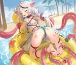  1girl absurdres animal_ears aqua_bikini ass bdsm beach bikini black_streaks blue_archive bondage bound brown_eyes chuck_(harfmoondark) commentary_request crying grey_hair highres inflatable_toy ink_stamp kokona_(blue_archive) low_twintails multicolored_hair palm_tree rope shibari shibari_over_clothes solo streaked_hair swimsuit tears tentacles tree twintails 