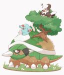  bird commentary_request grass highres looking_back musical_note no_humans oniwa_nwai phanpy pokemon pokemon_(creature) red_eyes spikes standing staravia torterra tree white_background 