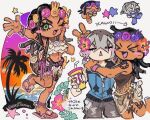  >_< 2boys :d alternate_costume arm_tattoo bag beach bikini black_hair black_hoodie blue_hoodie blue_overalls bracelet braid brooch chibi chibi_inset closed_eyes cup dark-skinned_male dark_skin deformed dragona_joestar dreadlocks drinking_straw earrings flower flower_wreath frills green_eyes grey_hair hair_between_eyes hair_ornament head_wreath hibiscus holding holding_cup hood hood_down hoodie jewelry jodio_joestar jojo_no_kimyou_na_bouken leotard long_bangs long_hair looking_at_viewer male_focus multicolored_hair multiple_boys naru_tomaki navel necklace one_eye_closed open_mouth orange_leotard overalls palm_tree pants parted_bangs pink_flower purple_flower ruffle_bikini sandals short_hair shoulder_tattoo side_braid single_braid skirt sleeveless sleeveless_hoodie smile star_(symbol) sunset swimsuit tattoo the_jojolands trap tree twitter_username two-tone_hair v white_skirt xd yellow_flower 