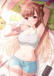  absurdres animal_ears armpits bed_sheet blue_shorts camisole crop_top earbuds earphones food highres long_hair lying midriff navel phone pillow playstation_controller pocky shorts tank_top yukiunag1 