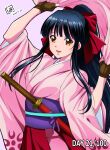  1girl absurdres black_hair bow brown_eyes commentary_request fingerless_gloves floral_print floral_print_kimono floral_print_sleeves gloves hair_bow hakama hakama_skirt highres holding island_(kossori) japanese_clothes katana kimono long_hair long_sleeves looking_at_viewer open_mouth pink_kimono pink_sleeves ponytail print_kimono red_bow red_hakama sakura_taisen shinguuji_sakura sidelocks skirt smile solo sword upper_body weapon 