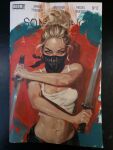 1girl acrylic_paint_(medium) bandana black_bandana breasts commentary cover_sketch dual_wielding english_commentary erica_slaughter green_eyes highres holding holding_sword holding_weapon jonathan_knight looking_at_viewer painting_(medium) photo_(medium) print_bandana solo something_is_killing_the_children sword tank_top traditional_media upper_body weapon white_tank_top 