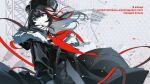  1girl animal_ears arknights bear_ears bear_girl black_coat black_hair black_jacket blue_eyes blunt_bangs chinese_commentary cleavage_cutout clothing_cutout coat collared_dress commentary_request dress floating_hair fur-trimmed_hood fur_trim hair_between_eyes hat highres hood hooded_coat jacket juhuacha long_hair looking_to_the_side monochrome multicolored_hair neckerchief open_clothes open_coat outdoors parted_lips red_neckerchief red_ribbon red_streaks ribbon russian_text sidelocks solo spot_color streaked_hair tilted_headwear translation_request upper_body wind zima_(arknights) zima_the_raging_tide_(arknights) zipper 